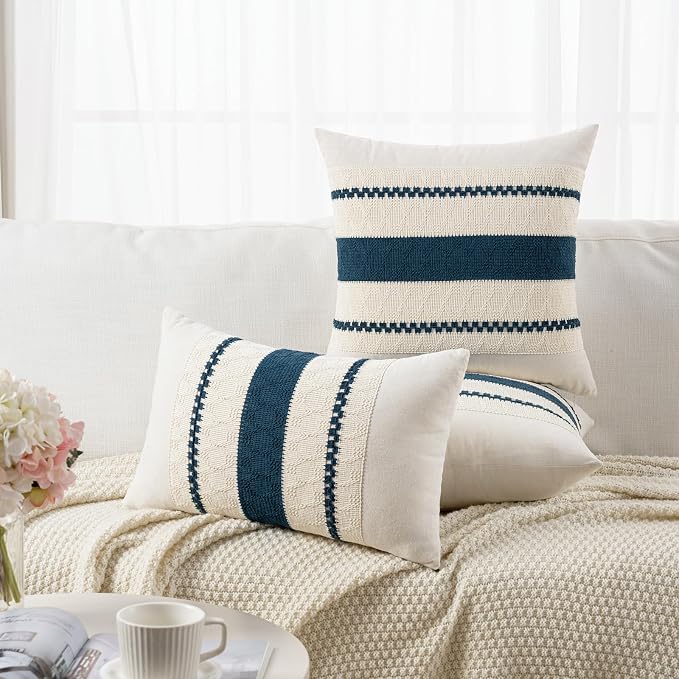 Fancy Homi Set of 2 Boho Teal Decorative Throw Pillow Cover 20x20 Inch for Couch Bed Sofa, Aesthetic Modern Organic Farmhouse Home Decor, Soft Cotton Cute Accent Macrame Woven Cushion Case