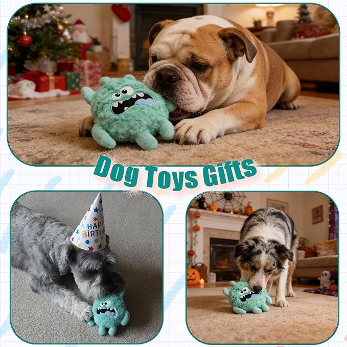 Monster Stuffed Squeaky Dog Toy, Crinkle Dog Plush Toy, Light Green | Soft Lightweight Toy for Fetch and Chew, Interactive Outdoor Indoor Play for Tug, Birthday Gift, For Puppy Small Medium Dog