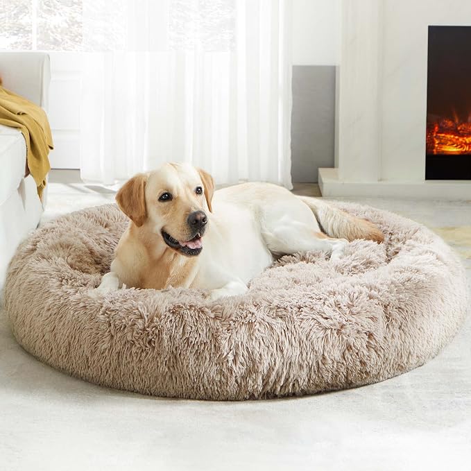 Western Home Calming Donut Large Dog Bed Pet Bed,36" Brown | Fluffy Faux Fur Round Cuddler,Anti-Anxiety,Anti-Slip Bottom,Plush Round Pet Dog Beds for Large Sized Dogs,Up to 80 LBS