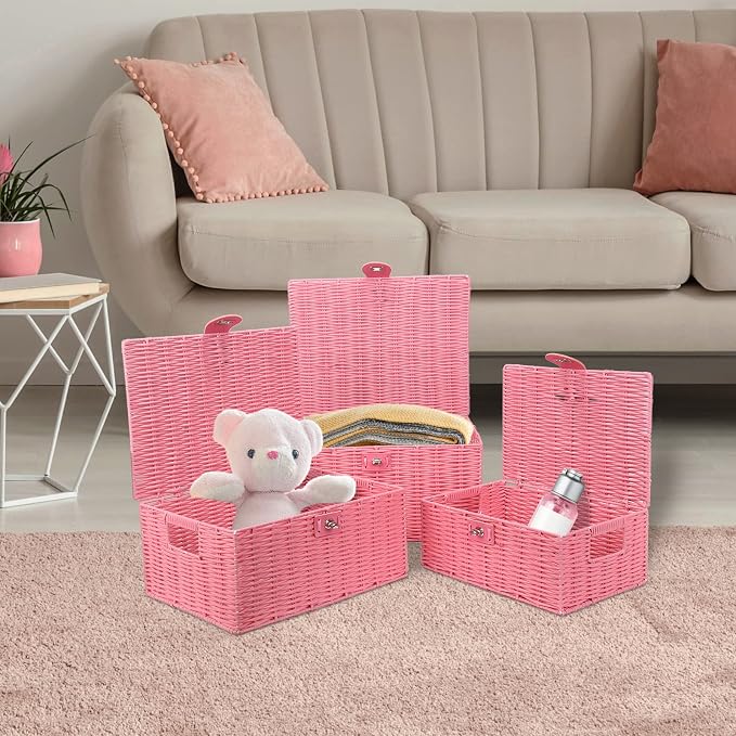 Honygebia Pink Wicker Storage Baskets - Set of 3 Decorative Nesting Boxes with Lids, Woven Basket with Lock & Handle, Organizer for Beauty Makeup Bathroom Decor