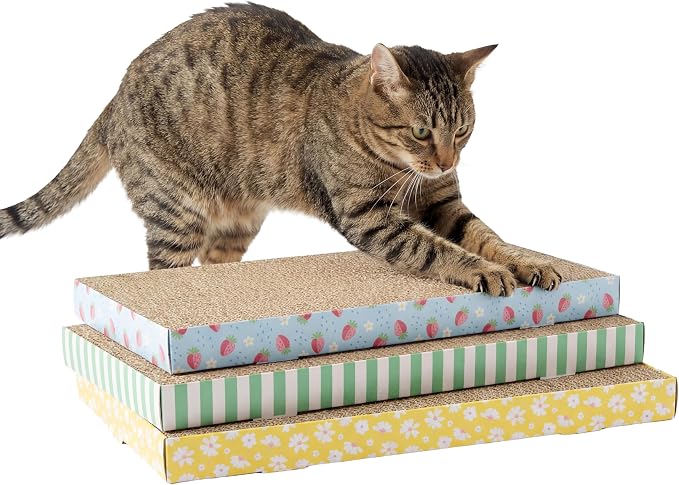 Kitty City 3-Pack XL Double Sided Corrugate Cat Scratcher Pads with Catnip - X-Large Horizontal Cat Scratcher Mats, Reversible Corrugate Nail File Scratchers - Spring Design, 18” x 10” Each