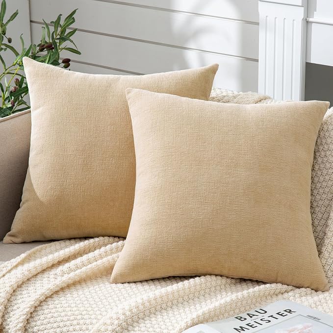 GAWAMAY Decorative Throw Pillow Covers 16x16 Inch Set of 2, Super Soft Chenille Square Pillows Farmhouse Fall Pillowcase for Living Room Bedroom Sofa Couch Cushion Cover Beige 40x40cm (No Insert) | Soft Chenille Farmhouse Style, Hidden Zipper, Neutral ...
