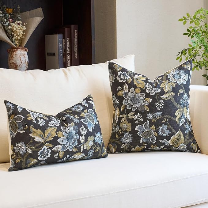 Neutral Floral Pillow Cover 12x20, Vintage Linen Lumbar Pillow Cover Soft Decorative Farmhouse Accent Pillow Case for Couch Bedroom Living Room Home Decor, Black