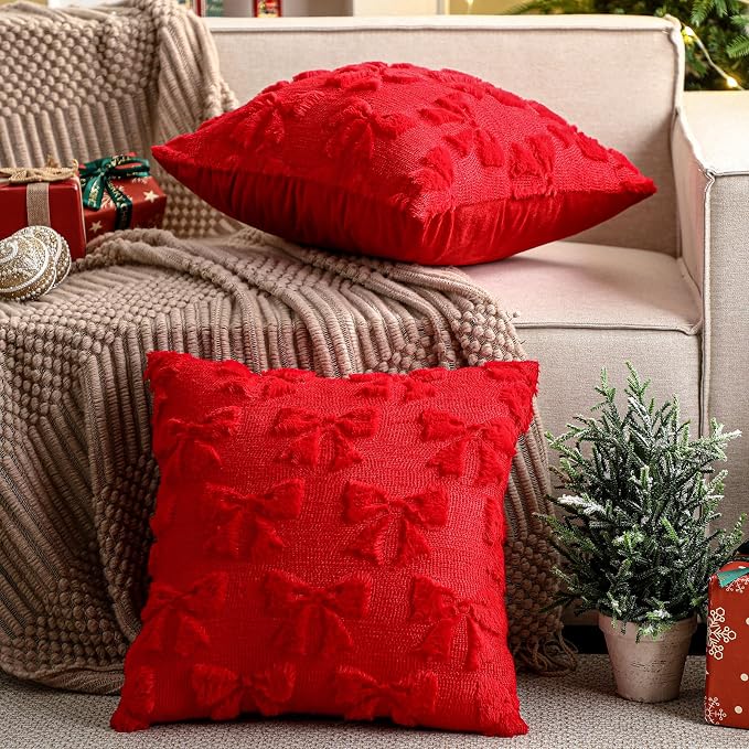 Mixweer Red Bow Pillow Covers Set of 2 Preppy Room Decor Coquette Cute Spring Summer Decorative Faux Fur Soft Bowknot Stuff Fluffy Plush Aesthetic Pillowcase for Bed Sofa Couch (18 x 18 Inch)