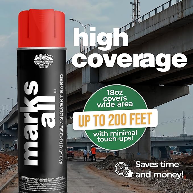 Fox Valley 18oz Marks All Solvent-Based Marking Paint Spray, 12-Pack Red Fluorescent – Long-Lasting, Weather-Resistant Spray Paint for Wet or Dry Surfaces Like Metal, Grass, Concrete, Wood, & More