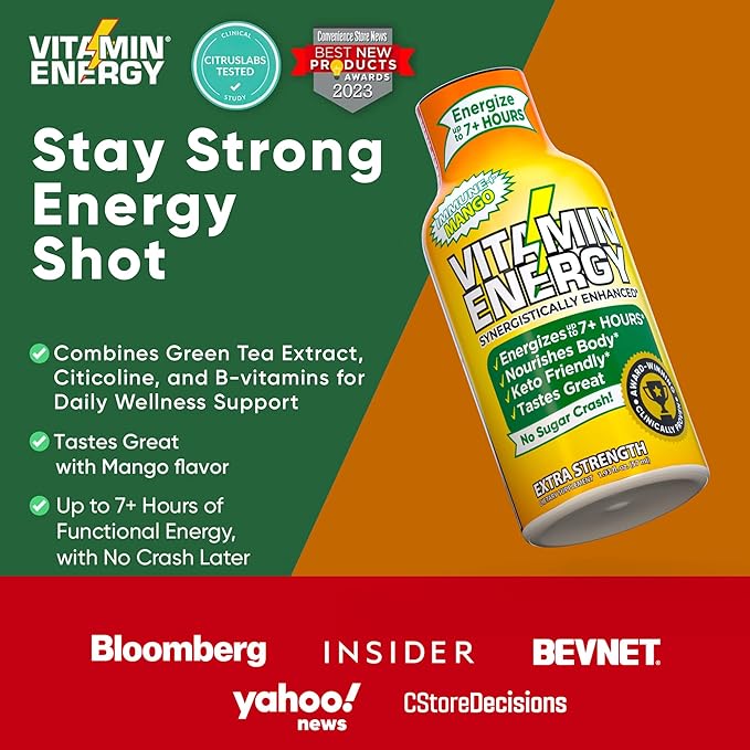 Vitamin Energy Immune+ Extra Strength Energy Shot Mango 48 Pack, 260mg Natural Caffeine, B-Vitamins, Citicoline, Green Tea, Immunity & Focus Support, Zero Sugar, Gluten-Free 1.93 fl oz