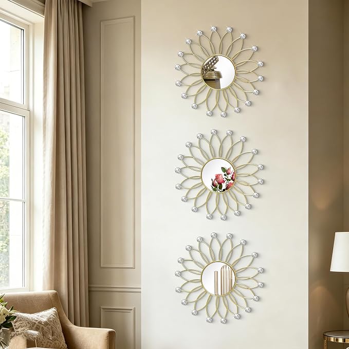 3 Pack Metal Mirrors for Wall Sunburst Wall Mirrors Home Décor Decorative Hanging Wall Art for Living Room Bedroom Entryway (Gold2 Crystal, Flowers)