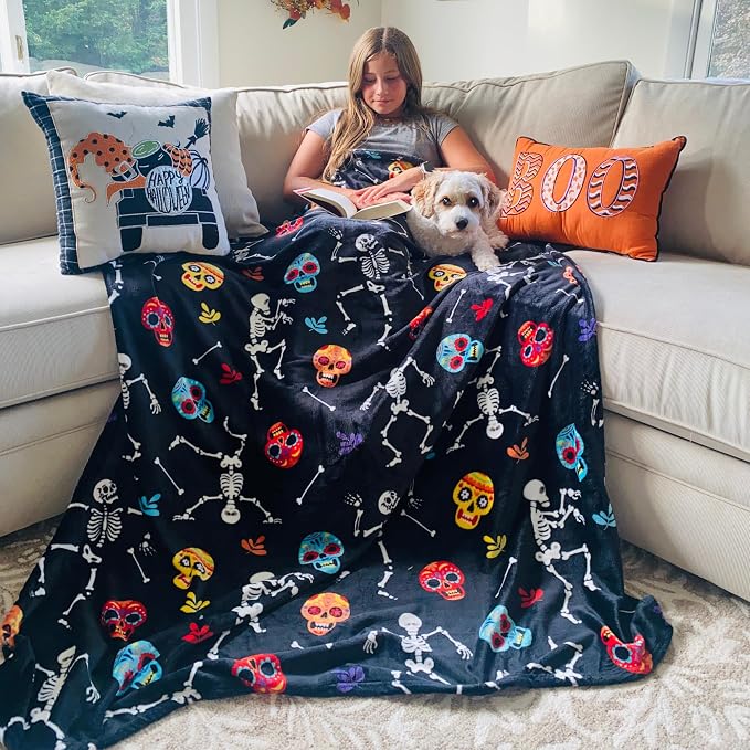 Halloween Fleece Throw Blanket, Dancing Skeletons & Sugar Skulls, 50x70 in | Ultra-soft cozy flannel fleece, for sofa couch bed chair & dorms, spooky Halloween décor, durable and machine washable.