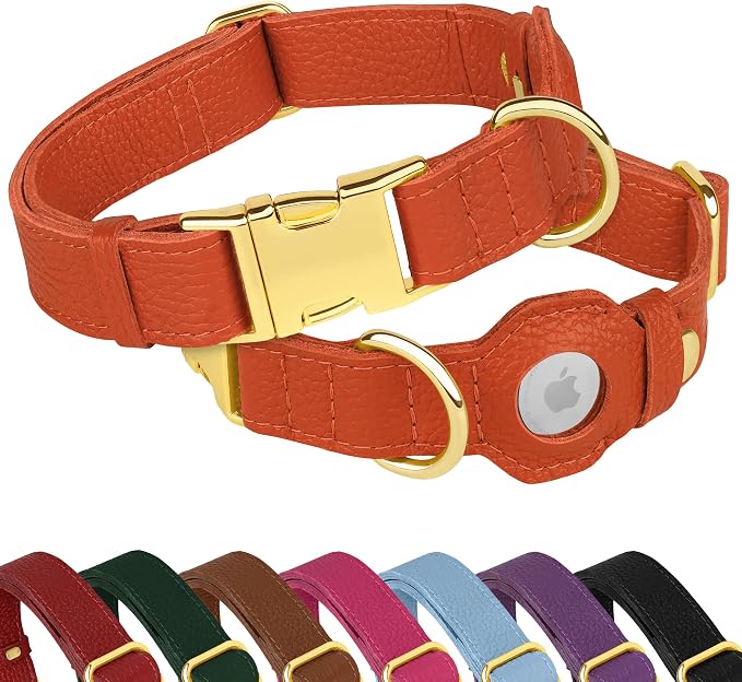 Leather Airtag Dog Collar - Soft Tracking Dog Collar with Apple AirTag Holder and Metal Buckle - Safety GPS Pet Collars for Small Medium Large Dogs Puppy Pink Red (Orange, XS, 9"-12" Neck Fit)