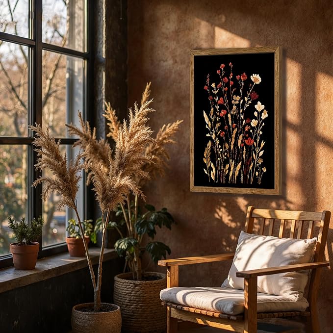 JLTULT Black Floral Wall Art, Vintage Wildflower Framed Canvas, 20 x 30 in | Black-background wildflower art on fade-resistant canvas with a ready-to-hang solid wood frame for bedrooms and bathrooms