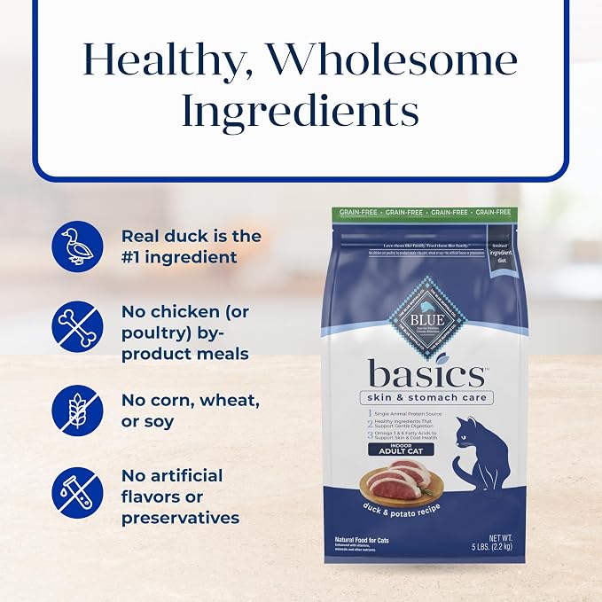Blue Buffalo Basics Duck Grain-Free Skin & Stomach Care Dry Cat Food, 5 lb | Real Duck #1 Ingredient, Limited Ingredient Diet, Antioxidant-Rich LifeSource Bits, Skin & Coat Health