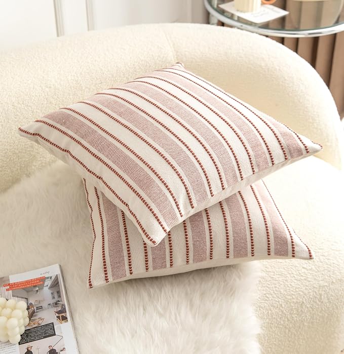 Cethom Decorative Boho Throw Pillow Covers, Farmhouse Textured Pillow Case, 22 x 22 Inch Set of 2, Chair Sofa Bedroom Living Room Home Decor Couch Cushion Case, Rust and Beige Striped