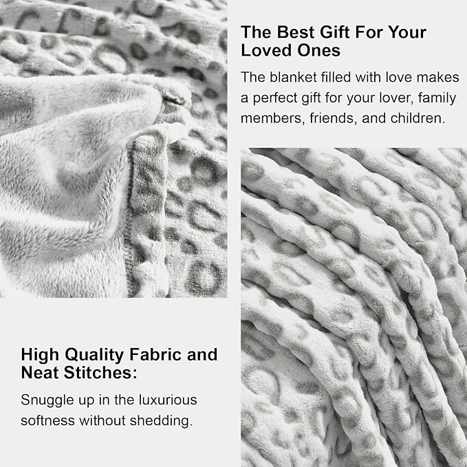 PLEASANT BOULEVARD | Leopard Throw Blanket Fleece, Premium Lightweight Cozy Warm Plush Microfiber Bedspread for Couch Sofa and Bed (Gray, Throw (50 x 60 inches))