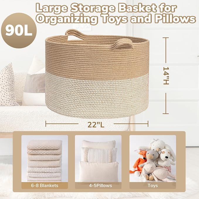 Goodpick Large Wicker Basket for Blankets, Baby Toy Storage Basket, 85L | 21.7 x 21.7 x 13.8 In Baby Storage Basket for Nursery, Blanket Basket for Living Room, Woven Basket for Towels, White & Jute