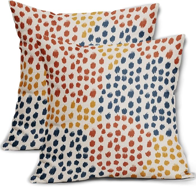 Blue Orange Yellow Pillow Covers 16x16 Set of 2 Fall Colored Art Dot Decorative Throw Pillows Trendy Print Outdoor Pillowcase Holiday Seasonal Cushion Cover Linen Pillow Case Decor for Sofa Couch Bed