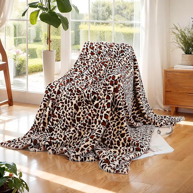 Leopard Throw Blanket 50''x60'', 480 GSM Double Sided Faux Fur Blankets for Bed Sofa Travel and Camping, Super Soft Cozy Fluffy Plush Cheetah Print Blanket for All Seasons