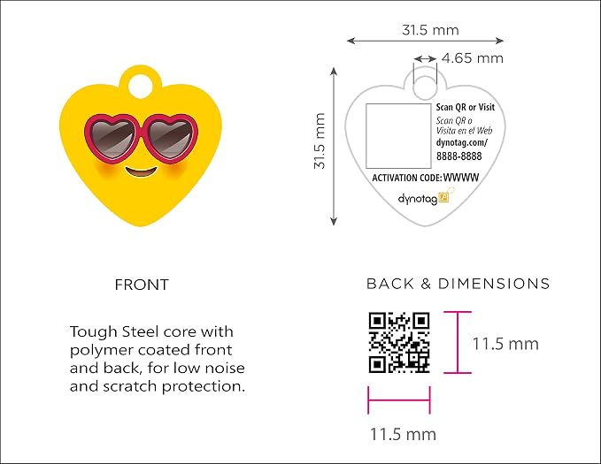Dynotag® Web Enabled Super Pet ID Smart Tag with DynoIQ™ & Lifetime Recovery Service. Play Series: Deluxe Coated Steel - Heart (Heart Shades)
