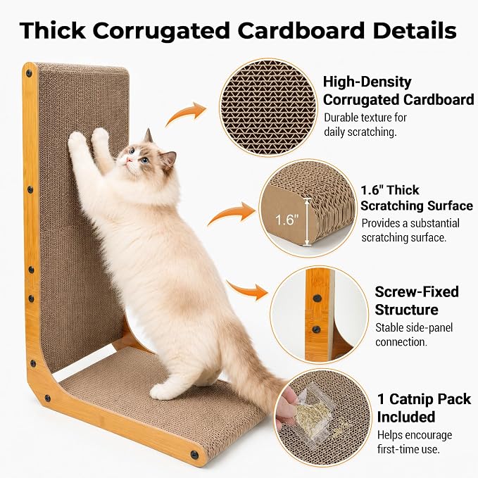 PatiencET L Shape Cat Scratcher, 26 Inch Cardboard Scratch Pad | For Indoor Cats, Large Vertical Scratch Board, Furniture Protector