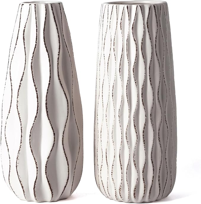 VICTOR & TERESA Ceramic Vase for Flowers, 8'' Set of 2 Decorative White Vases for Home Decor, Farmhouse Vases for Pampas Grass, Table, Mantel, Living Room, Shelf, Centerpieces, Gifts for Mom