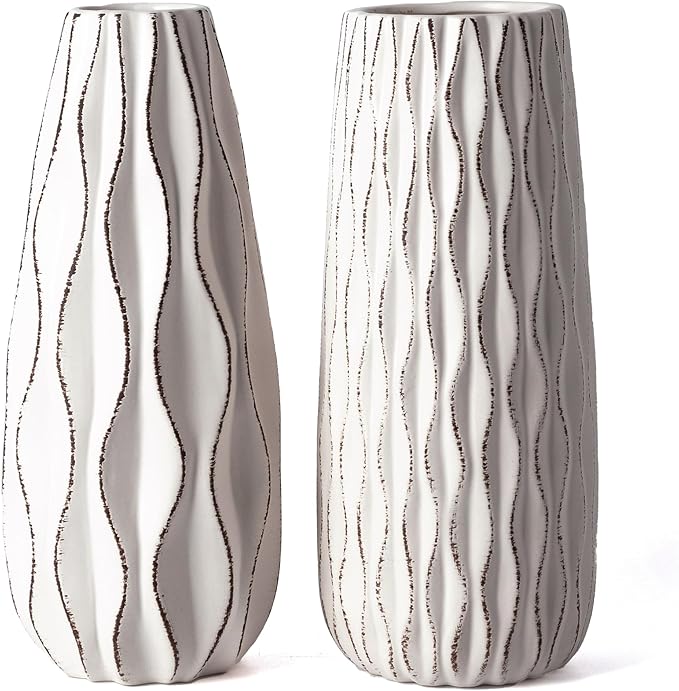 VICTOR & TERESA Ceramic Vase for Flowers, 10'' Set of 2 Decorative White Vases for Home Decor, Farmhouse Vases for Pampas Grass, Table, Mantel, Living Room, Shelf, Centerpieces, Gifts for Mom