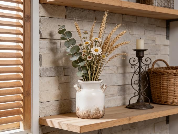 Quoowiit Ceramic Rustic Farmhouse Vase, Distressed Decorative Flower Vase for Home Decor, Ideal Shelf Decor, White Boho Vase for Living Room Bedroom Kitchen Office Decor Centerpiece Table Decorations