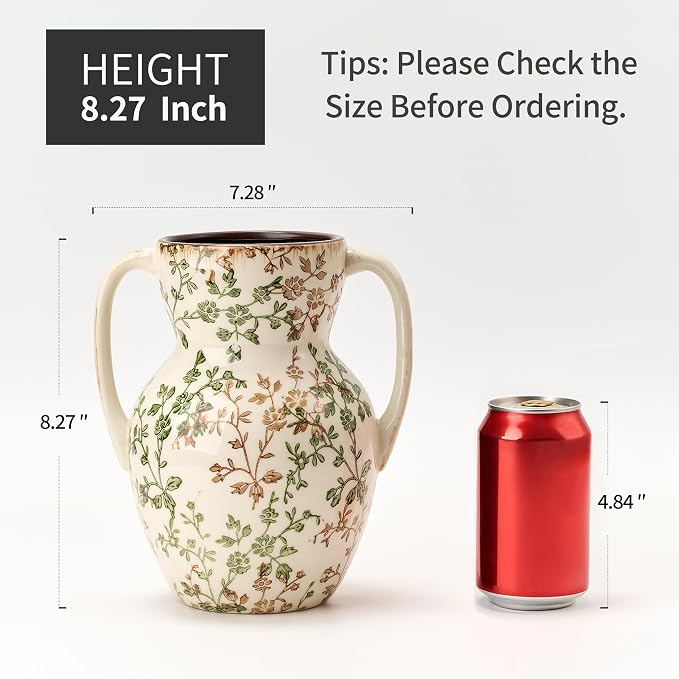 Emotionally Grounded Vase, Vaseking Large Ceramic Rustic Vase with 2 Handles, 8.3 inch Green and Beige Decorative Farmhouse Tall Vases for Home Decor, Living Room, Enterway, Table Decoration