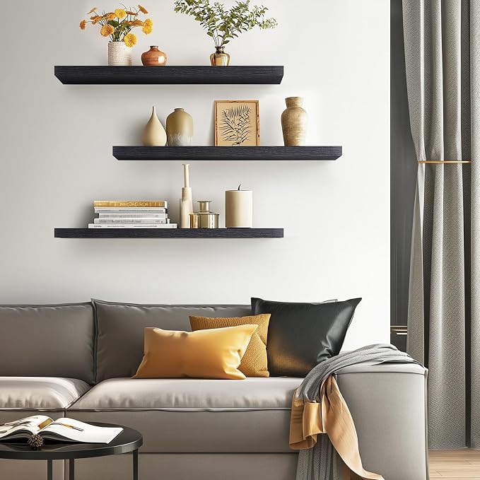 BAYKA Black Floating Shelves 35.4in, Set of 3, Wall Mount Rustic Wood Shelf | Easy Install, 30lbs Max Load, Hidden Bracket, for Bathroom Bedroom Kitchen Display Storage Decor, Multi-Wall Compatible