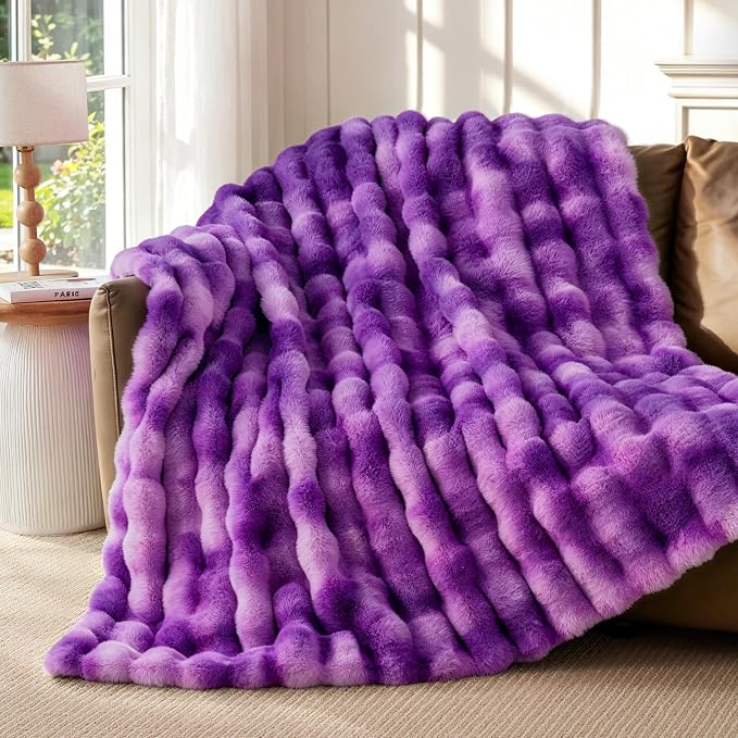 Luxury 1000GSM Rabbit Faux Fur Blanket, Super Warm Cozy Brown Blankets for Couch Bed Sofa, Ruched Plush Fuzzy Elegant Soft Reversible Mink Blanket Living Room Bedroom, 50" x 60", Grape Purple