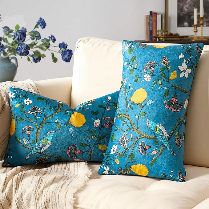 Stone Blue Velvet Floral Decorative 12x20 Lumbar Pillow Covers Set of 2 | Durable and Sturdy,Botanical Printed Pattern,Throw Pillows Case,Rectangle,Colorful Farmhouse,Home Sofa Bed Couch Decor