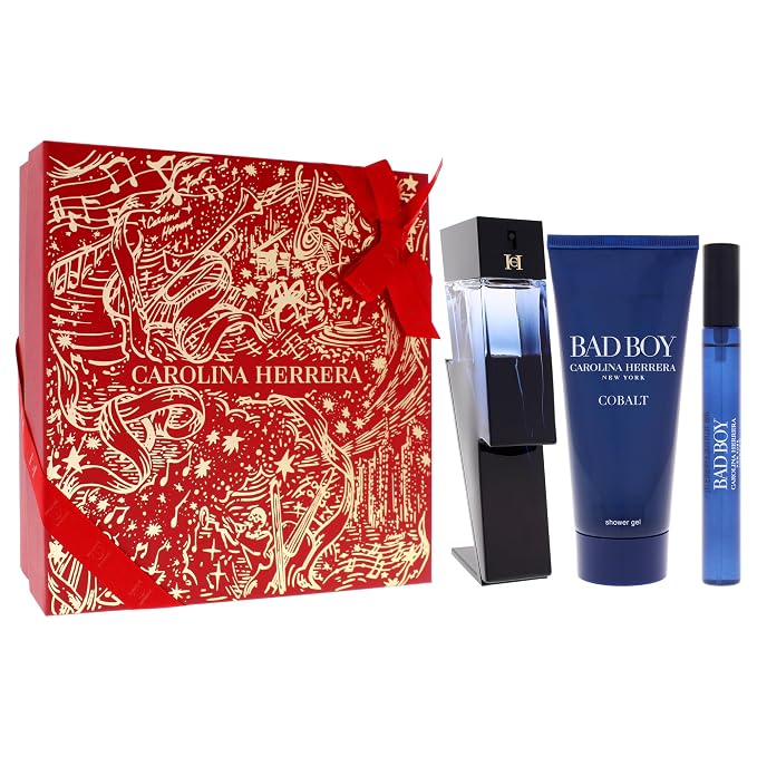 Carolina Herrera Bad Boy Cobalt 3-Piece Gift Set for Men, (Eau De Parfum 3.4 oz + Shower Gel 3.4 oz + Travel Spray 0.34 oz) – Limited Edition
