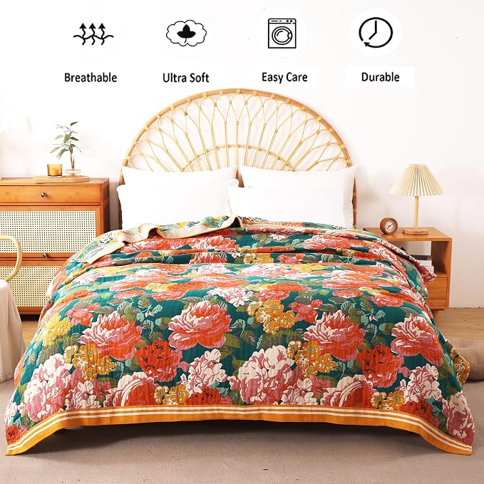 VANJOROY Boho Throw Blanket, 100% Organic Cotton Breathable Ultra Soft 60" x 80" Bed Quilt Throw - All Season Floral Rustic Farmhouse Decor Luxury Reversible Blanket for Sofa Couch Chair and Gift