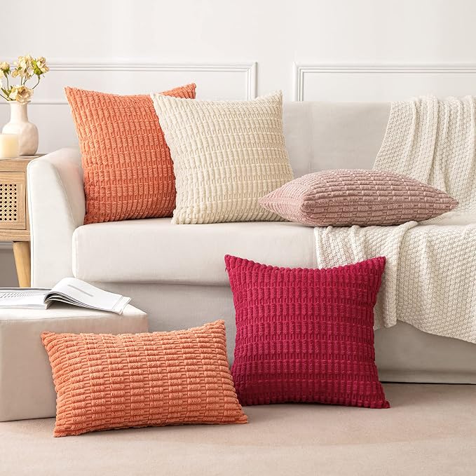 MIULEE Corduroy Decorative Throw Pillow Covers 20x20 Coral Pack of 2 | Soft Boho Striped Pillow Covers Modern Farmhouse Home Decor For Sofa Living Room Couch Bed