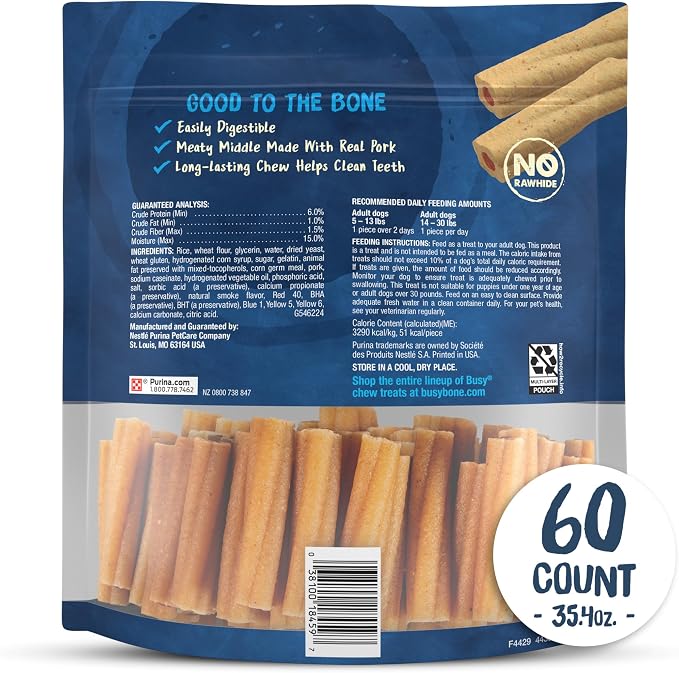 Purina Busy Bone Tiny Toy Breed Dog Chew Treats, Original, 60 ct Pouch | Rawhide free chew with a real meat center for small dogs up to 20 lbs, long lasting chew that helps clean teeth