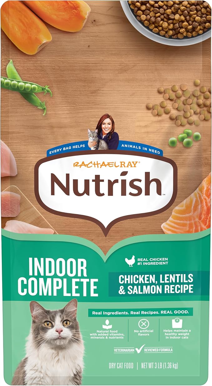 Nutrish Indoor Complete Dry Cat Food, 3 lb. Bag (Rachael Ray) | Chicken, Lentils & Salmon Recipe, Crafted for Adult Indoor Cats, Veterinarian Reviewed Formula