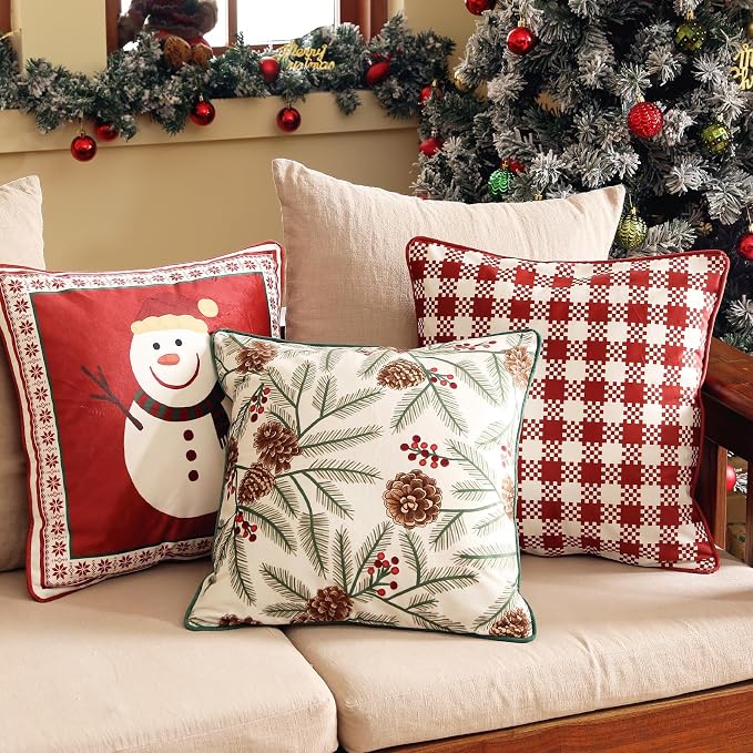 French Chrismas Velvet Throw Pillow Cover,Set of 2,18"x18"-Carol B | Vintage Square Pillow Cover,Concealed Zipper Design,Pinecones Pattern,Sofas,Bedroom,Living Room,Lounge Chairs,Decor
