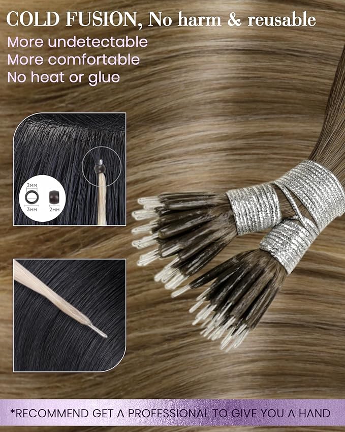 LaaVoo Nano Bead Hair Extensions Human Hair Balayage Nano Ring Hair Extension Light Brown Mix Dark Golden Blonde Nano Extensions Human Hair 22 Inch 50s 50g