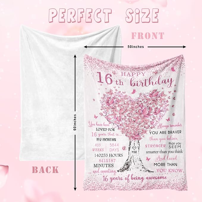 Sweet 16 Gifts for Girls, 16th Birthday Gifts for Girls Blanket 50"X60" | 16 Year Old Girl Birthday Gift Ideas, 16th Birthday Decorations, Happy 16th Birthday, Birthday Presents for 16 Year Old