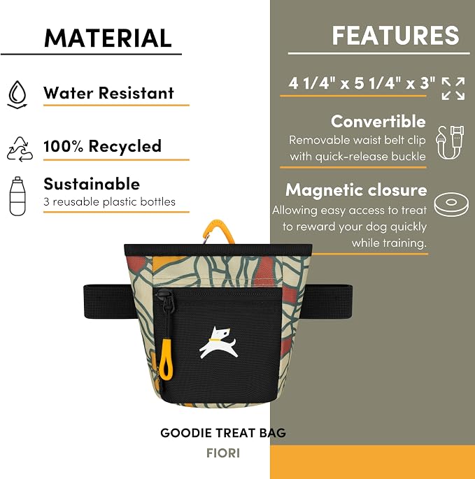 OllyDog, Goodie Treat Bag, Dog Treat Training Pouch | Magnetic Closure | 3 Ways to Wear | Hands-Free Waist Belt | Water-Resistant Recycled Vegan Fabric (Fiori)