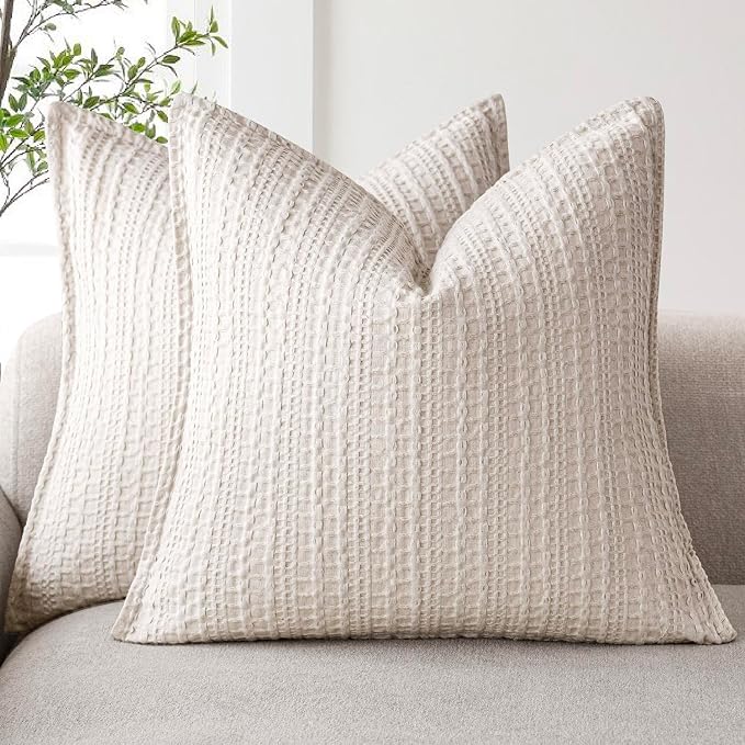 Foindtower Set of 2 Decorative Cotton Waffle Weave Throw Pillow Covers Euro Shams Cushion Covers Accent European Pillowcase for Bed Couch Sofa Bedroom Living Room Home Decor 22×22 Inch Oatmeal