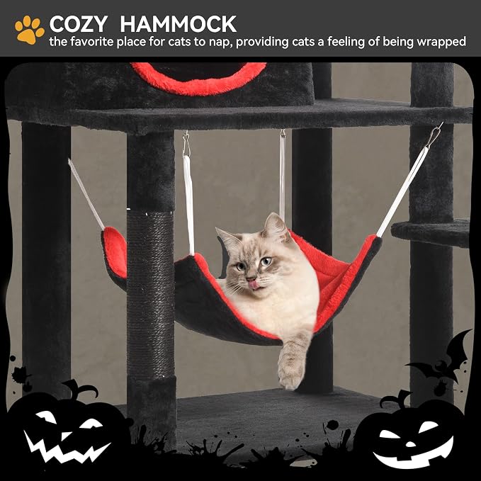 YITAHOME Gothic Cat Tree with Coffin Bed, 63" Tall Cat Tower for Indoor Cats with Top Perch, Spacious Cat Condos, Spider Hanging Balls,Comfy Hammock, Scratching Post and Ladder, Black Halloween | Cat Tower with Top Perch, Spacious Cat Condos, Spider Ha...