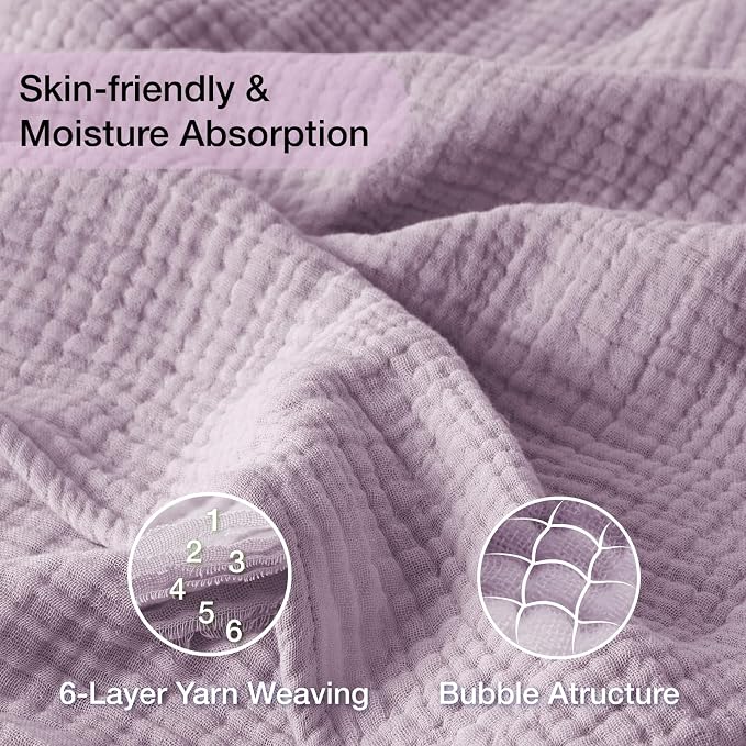 100% Cotton Muslin Blanket Large 50" x 70", 6 Layers Breathable and Lightweight Cotton Throw Blanket for Bed and Couch, Soft Quilt Bedspread, Gauze Blanket for Adults All Season, Lavender