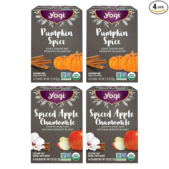 Yogi Tea - Fall Spice Variety Sampler Pack - 16 Tea Bags Per Pack (4 Pack) - Limited Edition Tea Sampler - Herbal Caffeine-Free Teas - Includes 2 Spiced Apple Chamomile & 2 Pumpkin Spice