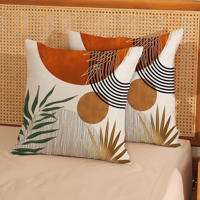 Boho Pillow Covers 16x16 Set of 2 Green Gold Orange Throw Pillows Tropical Leaves Sunset Modern Mid Century Decorative Pillowcase Outdoor Bohemian Linen Cushion Case for Couch Sofa Bed Decor