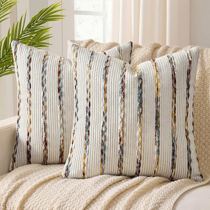 ANRODUO Boho Decorative Throw Pillow Covers Blue Stripe 18x18 Inch Set of 2 | Woven Chenille Decorative Cushion Case with Striped Farmhouse Accent Neutral Pillowcase for Couch Sofa Bed Living, Room Decor