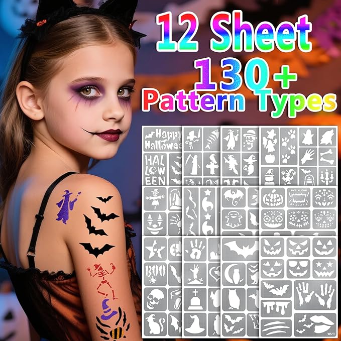 Temporary Tattoo Markers for Skin, 12 Metal Body Markers + 169 Tattoo Stencils for Kids Adults, Flexible Brush Tip, Bright Colors, Cosmetic-Grade Tattoo Ink, Halloween Costume Party Face Makeup