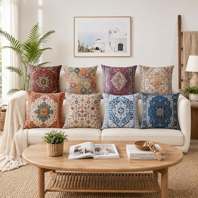Boho Throw Pillow Covers 18x18 inch Set of 2,Soft Pillowcases Bohemia Carpet Printing Pattern Decorative Sofa Living Room Bed Square Pillow Case Cushion Cover-Blue White