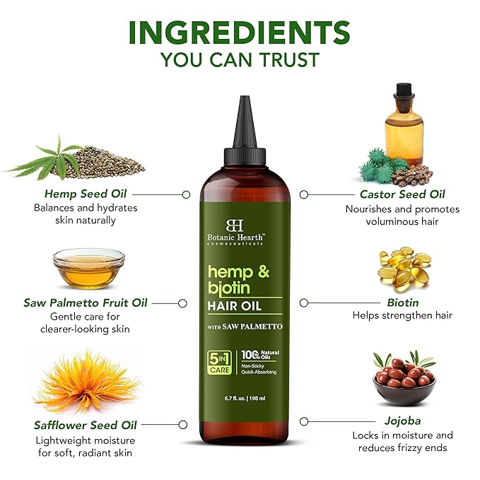 Botanic Hearth Hair Oil for Hair Growth & Hair Treatment Oils | Strengthening Dry, Frizzy, Damaged Hair & Scalp Treatment | Hemp & Biotin Hair Oil – 6.7 Fl Oz