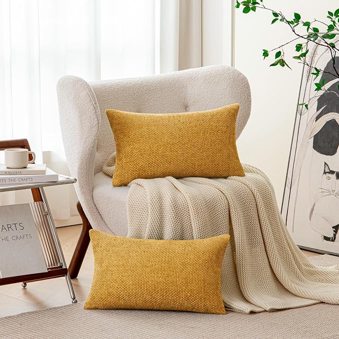 a moment Mustard Yellow Chenille Throw Pillow Covers 12x20 Inch Pack of 2 Modern Decorative Throw Pillow Covers Farmhouse Cross Covers Home Decor for Sofa Bedroom Living Room
