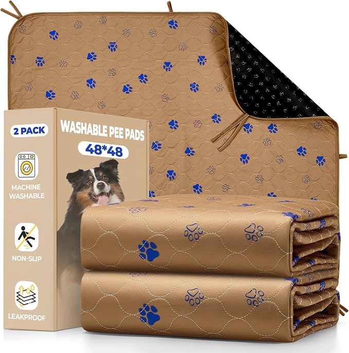 Fostanfly Washable Pee Pads for Dogs, 2 Pack 48"x48" Add 8 Lanyards, Brown | Reusable Potty Training Pads for Dogs, Waterproof, for Playpen, Crates & Furniture