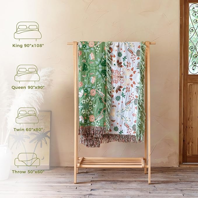LUTBM Boho Throw Blanket for Bed 60"x80", 100% Cotton Green Couch Blankets | Soft Reversible Floral Animals, All-Season Twin Quilt, For Chair Sofa Living Room Decor, Lightweight & Breathable, Women Gift